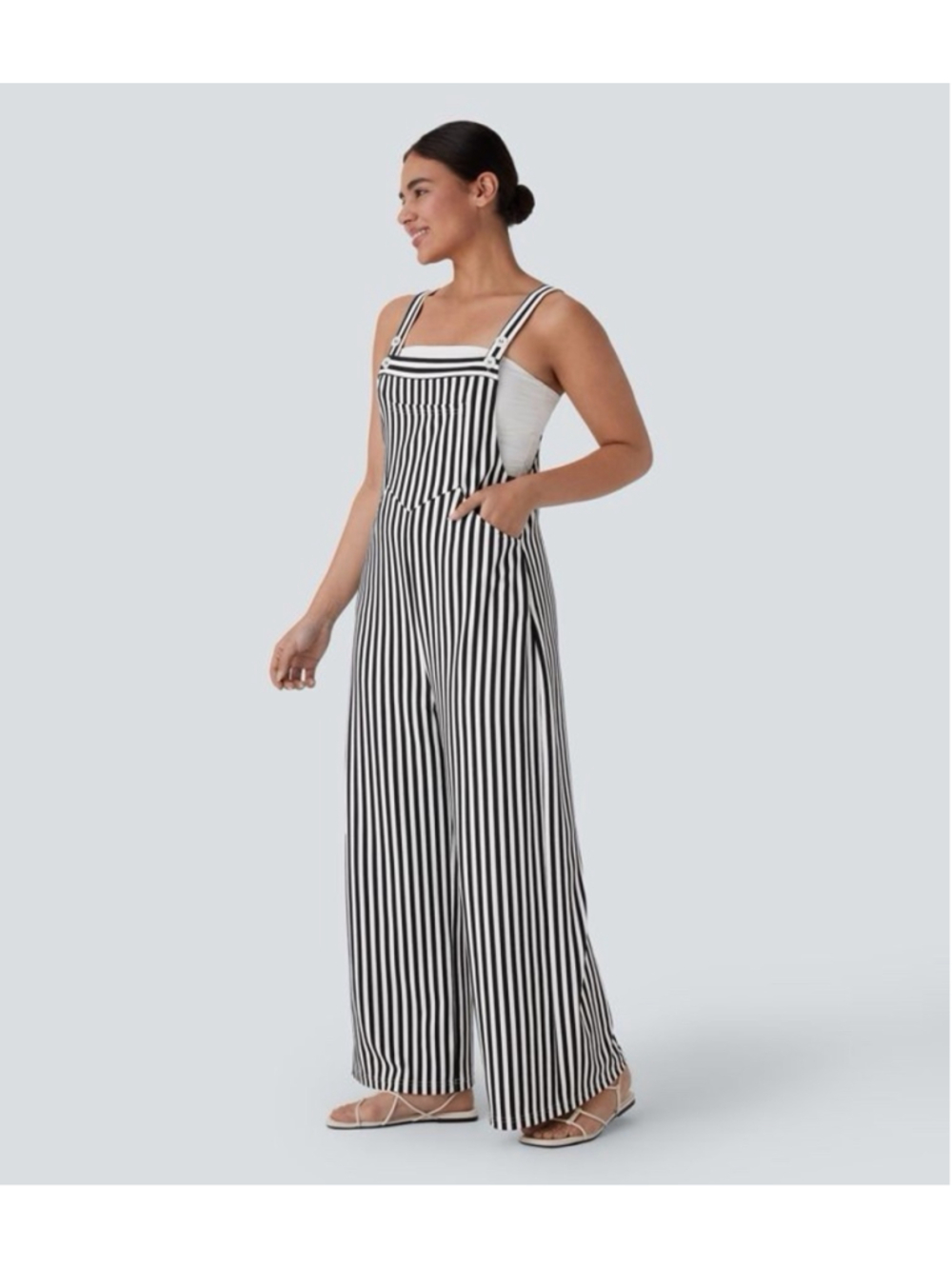 Halara Pockets Stripe Waffle Overalls Black White Wide Leg Size M NWT